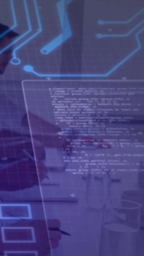 Vertical video: Software dev typing and noting as code UI aligning over laptop Stock Footage 334599053