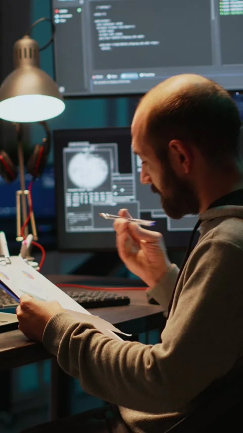 Vertical video: Software developer analyzing web data on clipboard papers and Stock Footage 220336199