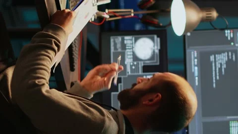 Vertical video: Software developer analyzing web data on clipboard papers and Stock Footage 221656481