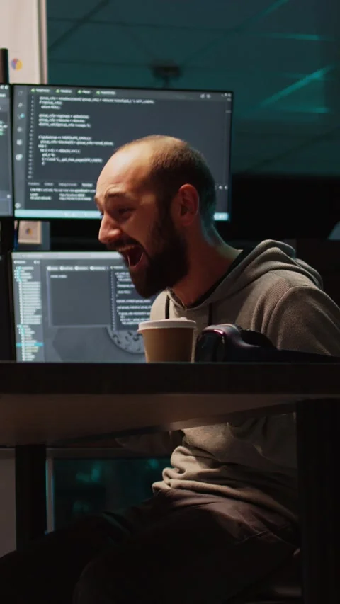 Vertical video: Software developer celebrating coding achievement and typing Stock Footage 220334349