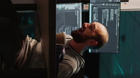Vertical video: Software developer celebrating coding achievement and typing Stock Footage 222212266