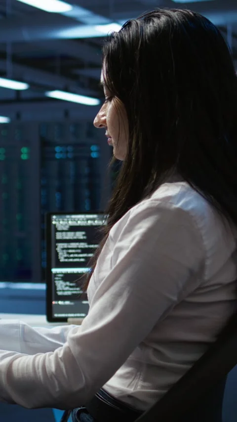 Vertical video Software developer in data center ensuring system can handle Stock Footage 280608395