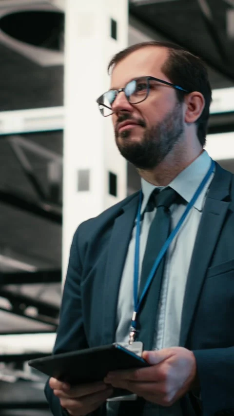 Vertical video Software developer in data center using tablet and AR tech Stock Footage 329529976