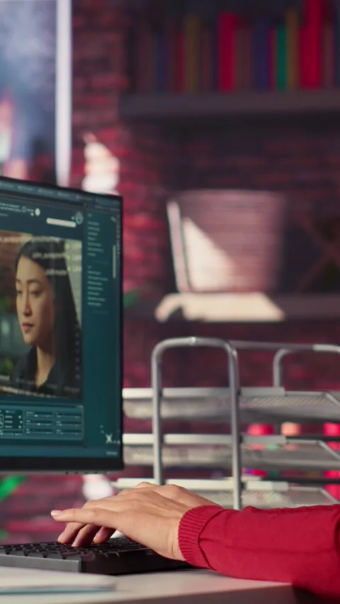 Vertical Video Software developer at home office coding on desktop using AI Stock Footage 306060606