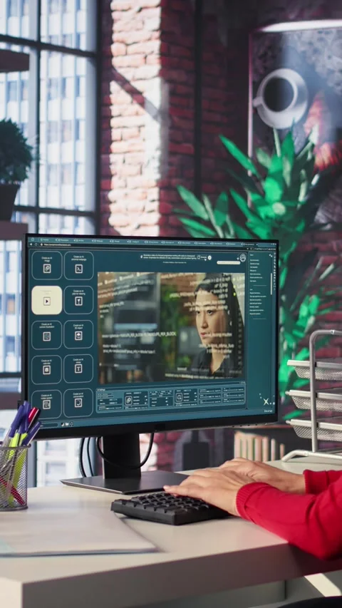 Vertical Video Software developer at home office coding on desktop using AI Stockbeeldmateriaal 306068110