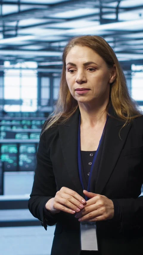 Vertical video Software developer looking at holograms in data center Stock Footage 277858157