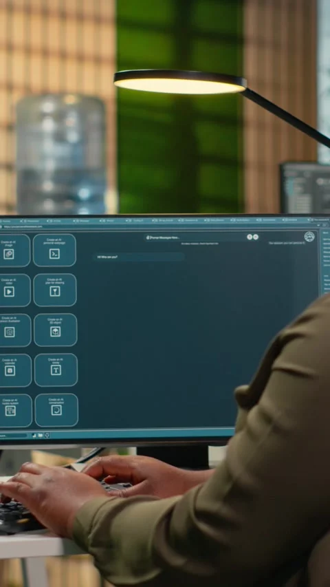Vertical video Software developer in office solving tasks with AI LLM chatbot Stock Footage 322696919