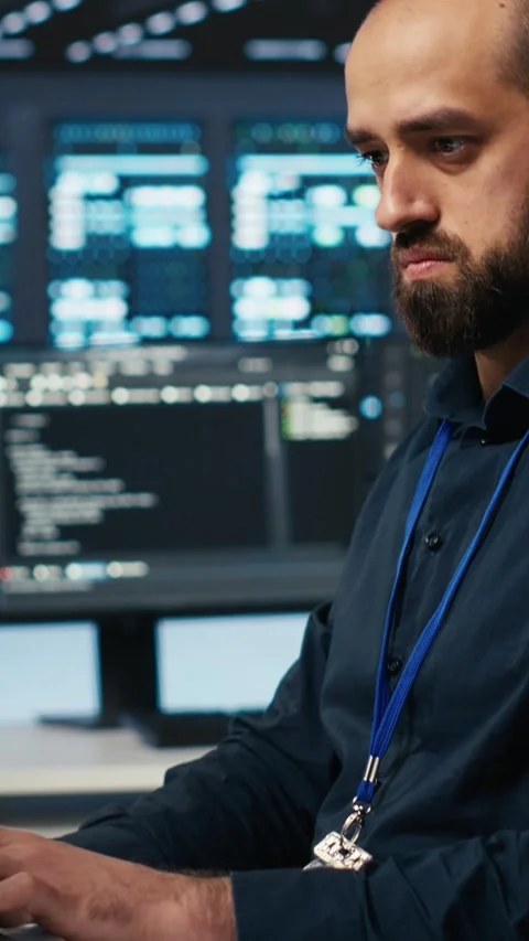 Vertical video Software developer overseeing servers, running code Stock Footage 274680432