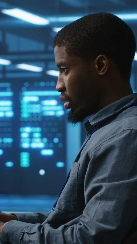 Vertical video Software developer programming in high tech facility with server Stock Footage 276138135