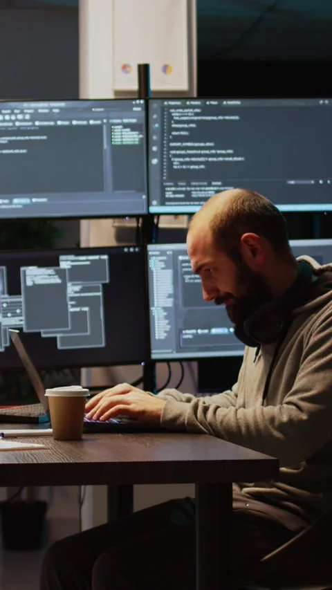 Vertical video: Software developer typing source code on laptop and multiple Stock Footage 220336911