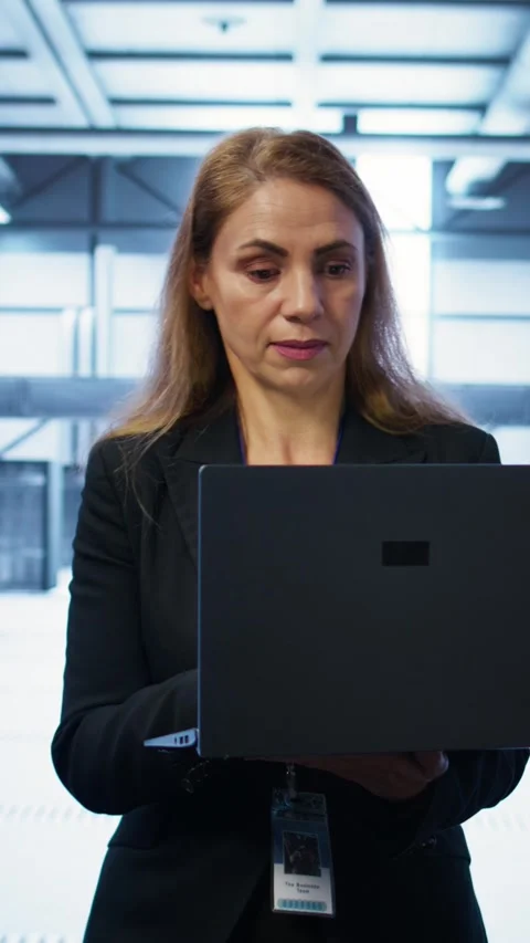 Vertical video Software developer walking in data center with laptop Stock Footage 277860447
