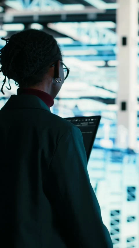Vertical video Software developer walks in data center, using tablet and AR Stock Footage 329650227