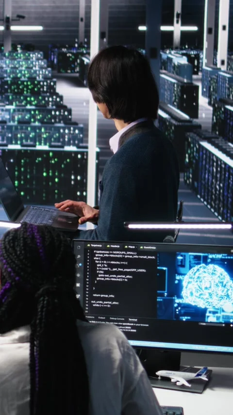 Vertical video Software developers cooperating in data center, reviewing AI Stock Footage 313507779