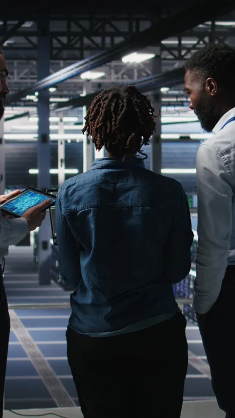 Vertical video Software developers in data center monitoring AI LLM Stock Footage 310779642