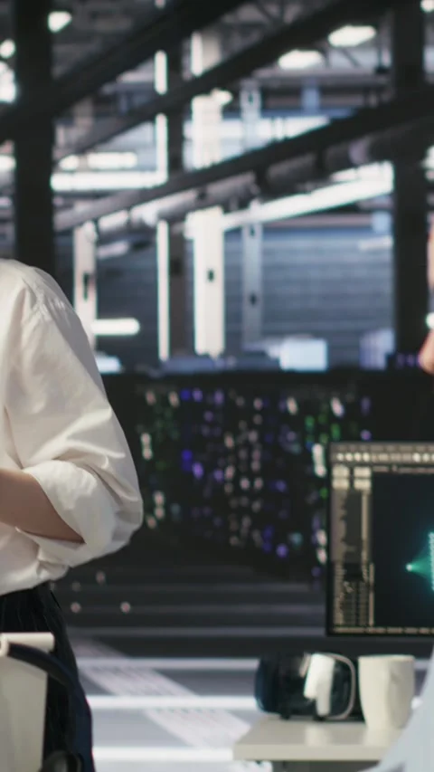 Vertical video Software developers working together in server farm, reviewing AI Stock Footage 309247056