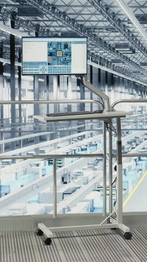 Vertical video Software on display in empty microchips plant monitoring Stock Footage 333613985