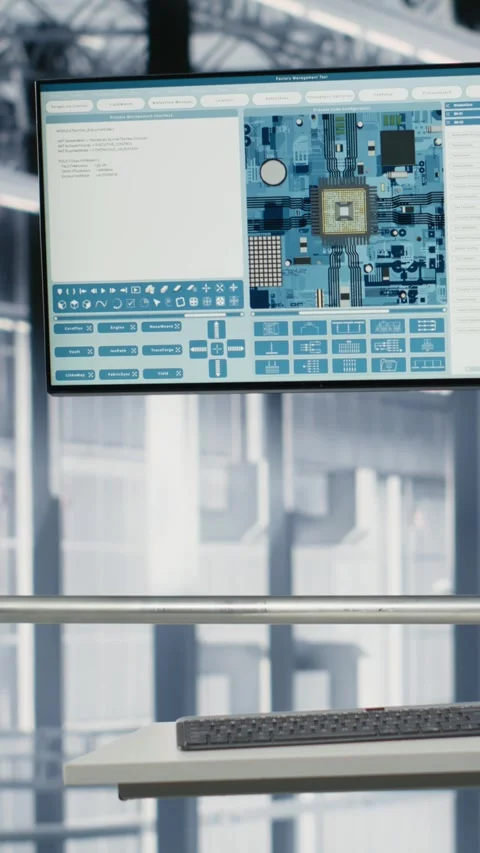 Vertical video Software on display in empty microchips plant monitoring Stock Footage 333614325