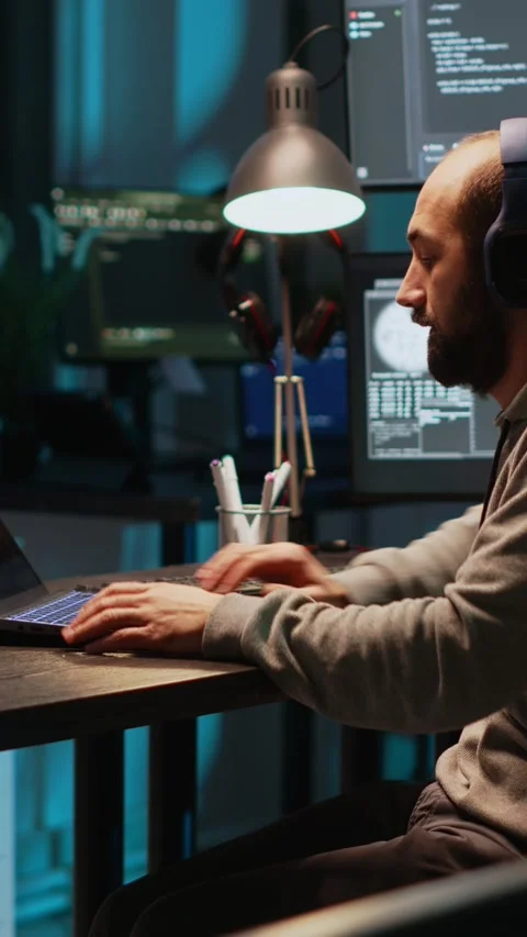 Vertical video: Software engineer typing programming code on laptop with Stock Footage 220331846