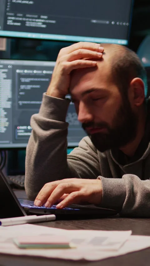Vertical video: Software engineer yawning and falling asleep on desk Stock-Footage 220335040