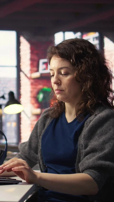 Vertical Video Software expert at workstation programming on pc and writing Stock Footage 308491241