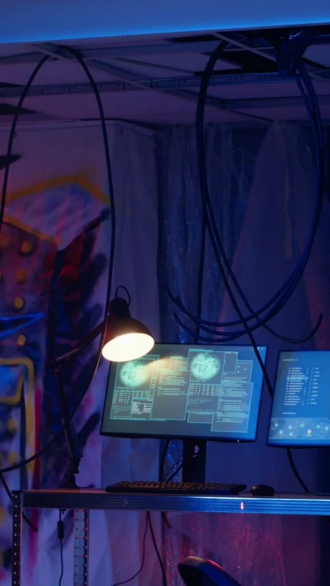 Vertical video Software interface on computer screens in empty criminals den Stock Footage 319546006