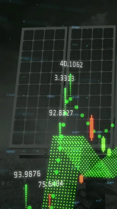 Vertical video: Solar array getting data, showing green mesh, candles, values Stock Footage 334600737