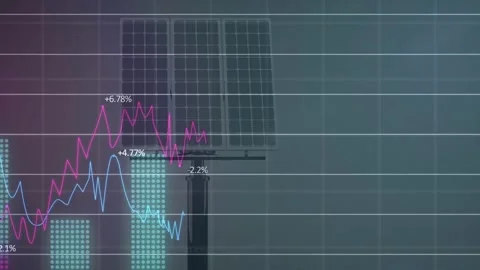 Vertical video: Solar array on pole, grid showing and arrow starting graphs, Stock Footage 334038918