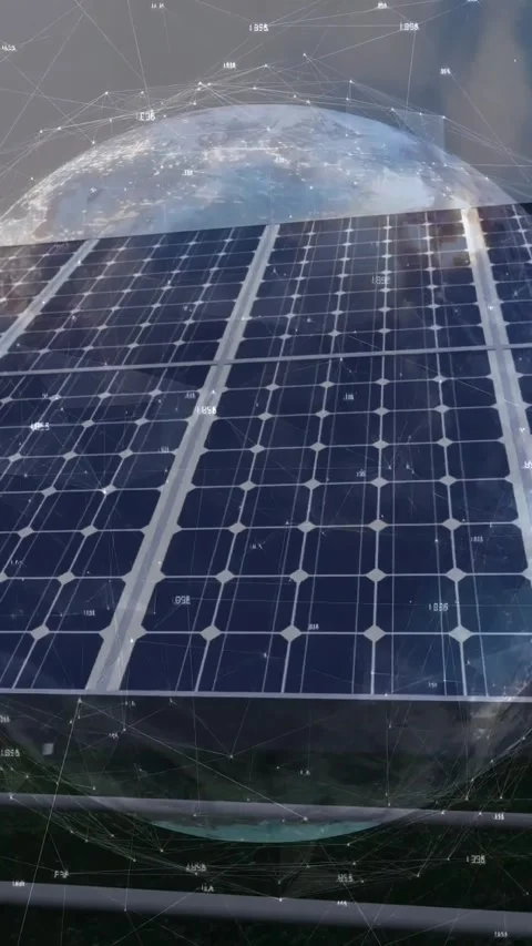 Vertical video: Solar array showing cells as camera moving, revealing globe Stock Footage 334602828