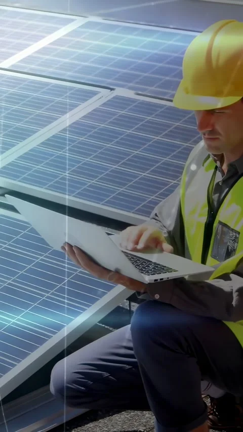 Vertical video: Solar tech kneeling by panels tapping laptop starting animated Stock Footage 334547316