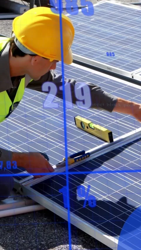 Vertical video: Solar tech placing level on panel, aligning module as blue Stock Footage 334601116