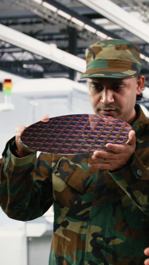 Vertical video Soldier and microchip factory manager increase semiconductor Stock Footage 333615394