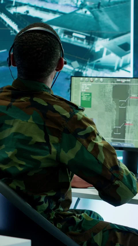 Vertical Video Soldiers in a modern command center analyze live data from cctv Stock Footage 280012805