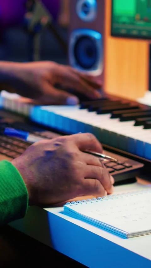 Vertical Video Songwriter writes down lines and melodic elements to create new Stock Footage 281317613
