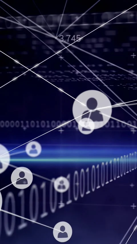 Vertical video: Spawning new nodes causing central user icon linking on blue Stock Footage 332598804