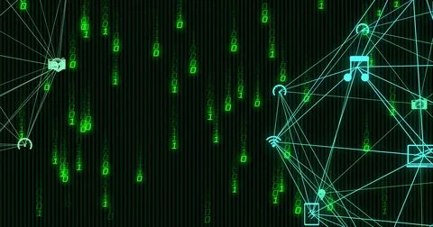 Vertical video: Sphere web pulsing routing icons data as binary rain triggers Stock Illustration