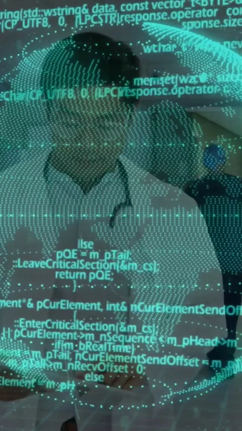 Vertical video: Spinning globe, teal code starting doctor adjusting steth, Stock Footage 330430340