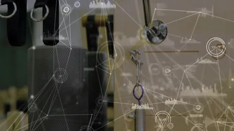 Vertical video: Spring hook emerging as camera panning rehab rig, network HUD Stock Footage 330622219