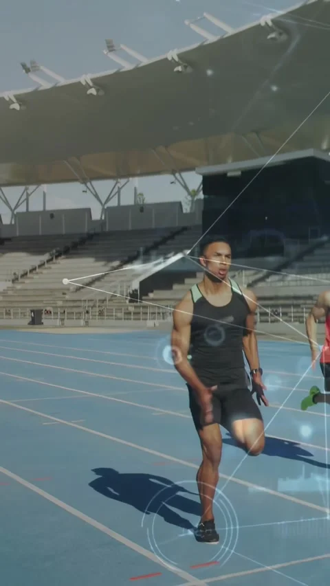 Vertical video: Sprinter accelerating after start on blue track, sports HUD Stock Footage 331128283