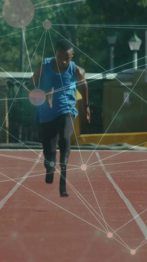 Vertical video: Sprinter starting lean, using blades on red track overlay Stock Footage 333513503