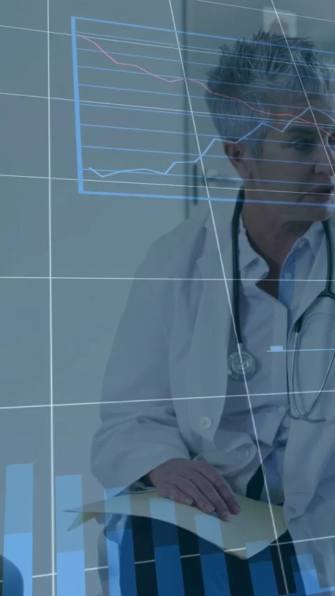 Vertical video: Sr doctor holding folder, grid appearing and projecting charts Stock Footage 333577219