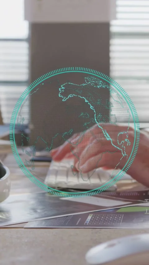 Vertical video: Sr hands typing, peer joining mouse, teal globe rotating over Vídeo Stock 334792540
