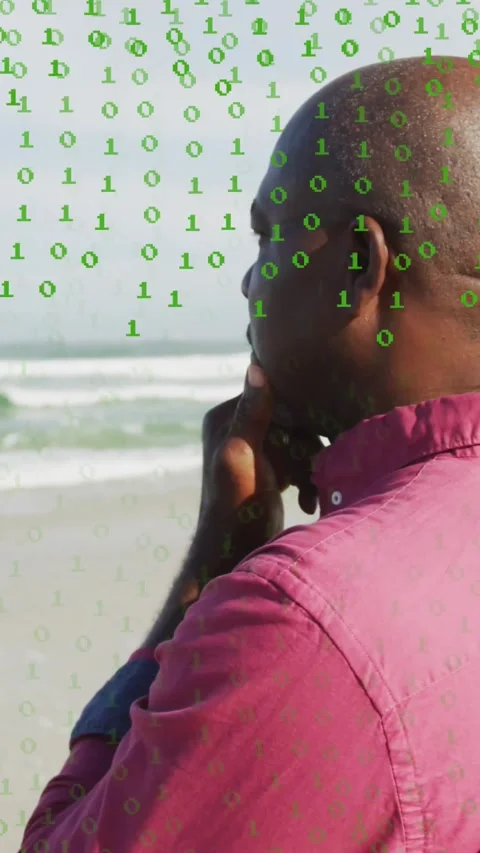 Vertical video: Sr man hand on chin shifting profile as binary fading off face Stock Footage 329912922