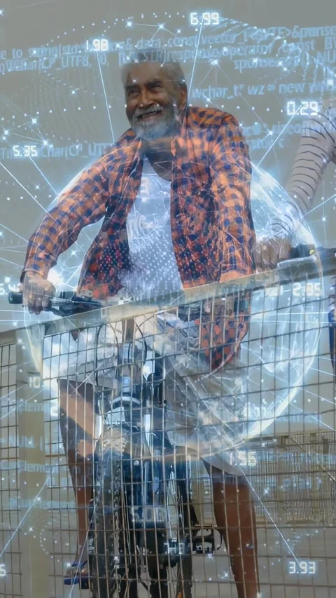Vertical video: Sr man leaning on bike behind rail camera pullback activating Vídeos de archivo 331291648