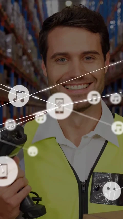 Vertical video: Staff holding scanner, box, overlay rising, nodes growing over Stock Footage 334387070
