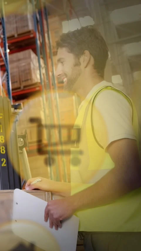 Vertical video: Staff operating terminal in warehouse showing cart icon, code 库存影片 334547659