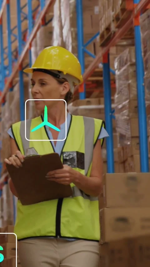 Vertical video: Staff walking DC aisle per check scanning boxes, teal UI icon Stock Footage 334391238