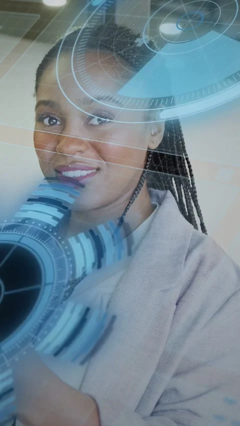 Vertical video: Staffer holding cell and adjusting device, initiating blue HUD Stock Footage 333596082