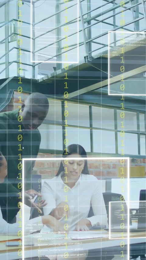 Vertical video: Standing man nudging team reviewing docs while data overlays Stock Footage 335264271