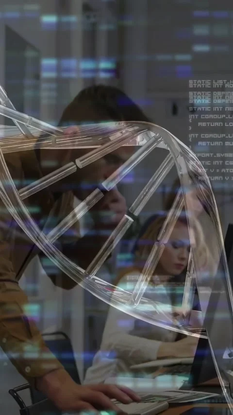 Vertical video: Standing man taking call and using PC for biotech analysis, DNA Stock Footage 334602693