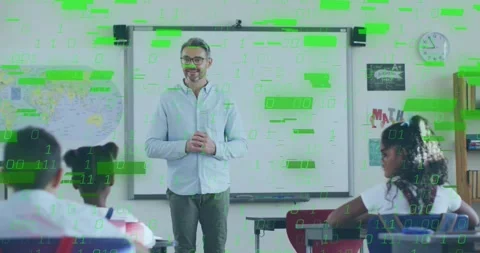 Vertical video: Standing teacher teaching lesson at whiteboard, green code Stock Footage 331180685